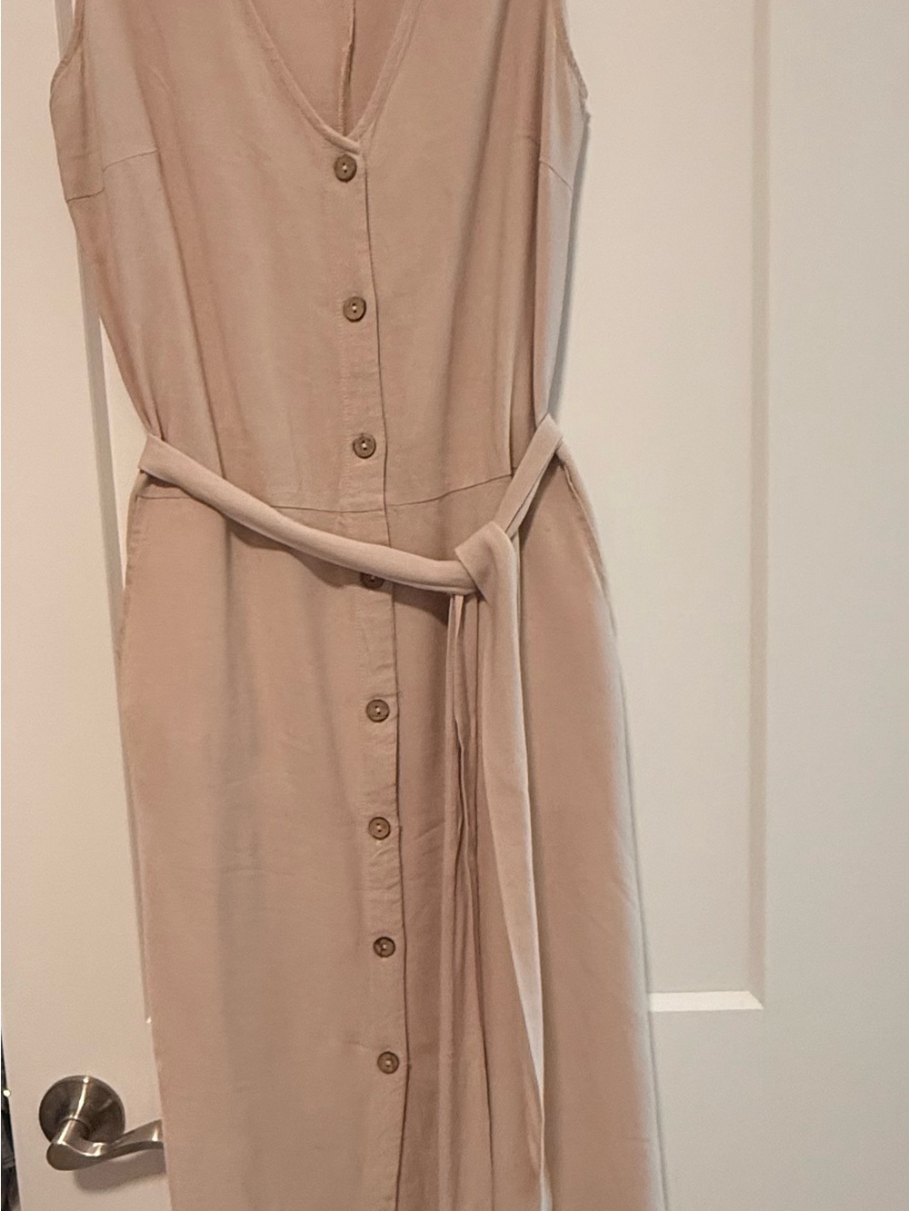 Sleeveless Button-Front Beige Tie-Waist Dress